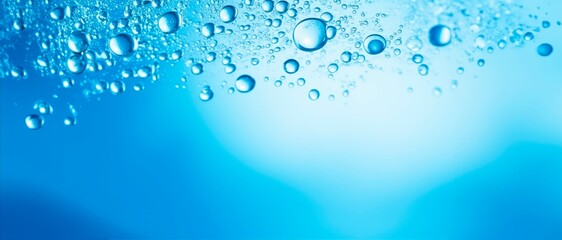 Fresh crystal-clear blue water bubbles abstract horizontal wallpaper wellnes, refreshment and cosmetics concept, copy space for text - obrazy, fototapety, plakaty