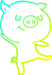 cold gradient line drawing of a happy cartoon pig