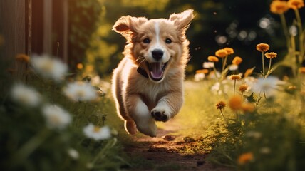 Happy dog running outside flowers garden picture AI Generated art