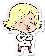 distressed sticker of a cartoon girl pulling face