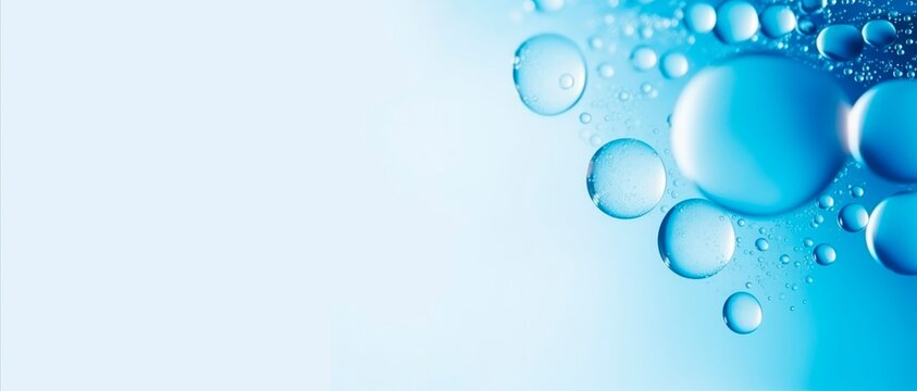 Fresh crystal-clear blue water bubbles abstract horizontal wallpaper wellnes, refreshment and cosmetics concept, copy space for text