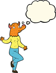 cartoon dancing fox woman with thought bubble