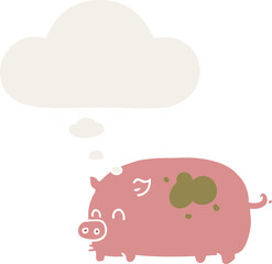 cute cartoon pig with thought bubble in retro style