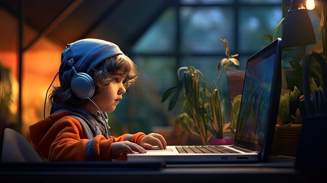 A boy wearing headphones is playing a computer game. The child is studying remotely. Listening to music, audiobooks, etc. Illustration for cover, brochure, advertising or presentation.