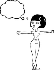 freehand drawn thought bubble cartoon woman spreading arms