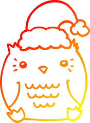 warm gradient line drawing of a cute cartoon owl wearing christmas hat