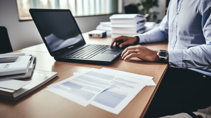 Close-up of a man's hands typing on a laptop keyboard, with a stack of paperwork beside them