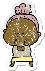 distressed sticker of a cartoon happy old woman