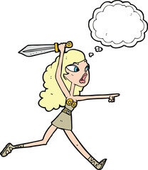 cartoon viking girl with sword with thought bubble