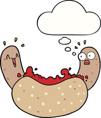 cartoon hotdog with thought bubble