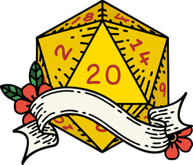 Retro Tattoo Style natural twenty D20 dice roll