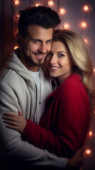 Fototapeta premium Smiling Couple Embracing in Warm Festive Lights at Valentine's day