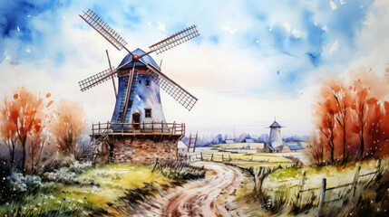 Countryside old summer wind sky nature mill farm rural background architecture windmill landscape - obrazy, fototapety, plakaty