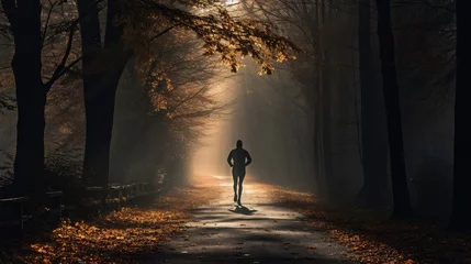 Fotobehang A man jogging alone along the path in the forest © Katya