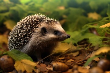 Fototapeta premium Hedgehog walks through the autumn forest. hedgehog in the grass. hedgehogs stand on brown dry leaves