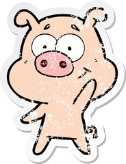 distressed sticker of a happy cartoon pig