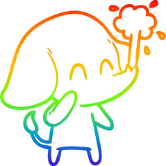 rainbow gradient line drawing of a cute cartoon elephant spouting water