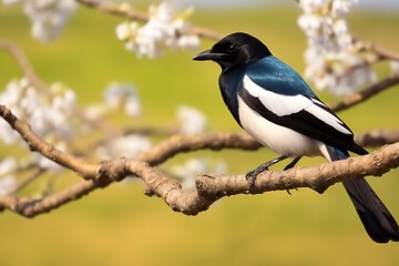 magpie on tree brunch. Dark bird with turquoise wings and tail sitting in green bough