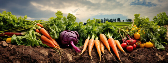 Freshly harvested vegetables laid out on the soil, highlighting the bounty of organic agriculture. - obrazy, fototapety, plakaty