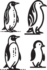 set of black and white vector illustrations of penguins