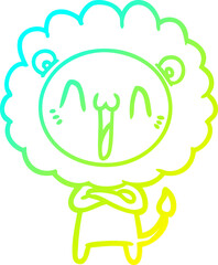 cold gradient line drawing of a happy cartoon lion