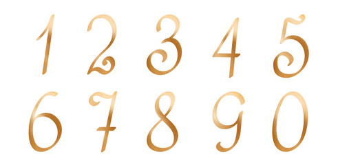 Numbers from one to ten decorated with golden metal effect monogram script illustration, design elements in simple handwritten style, decorative lettering collection, elegant luxurious vintage font