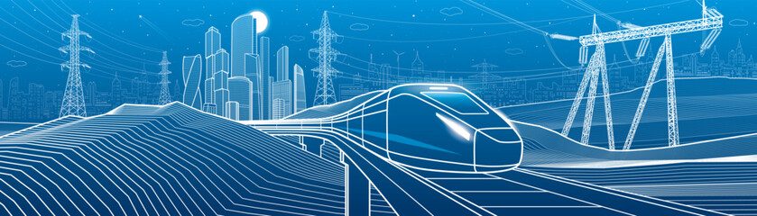 Modern night town. Train rides. Power lines. City Infrastructure and transport illustration. Urban scene. Vector design art. White outlines on blue background - 689246798