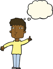 cartoon man raising point with thought bubble