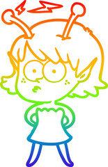 rainbow gradient line drawing of a cartoon alien girl