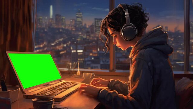 A girl working on a computer with a headphone and listening to music near the window in which sits a cat and relaxing on a rainy night