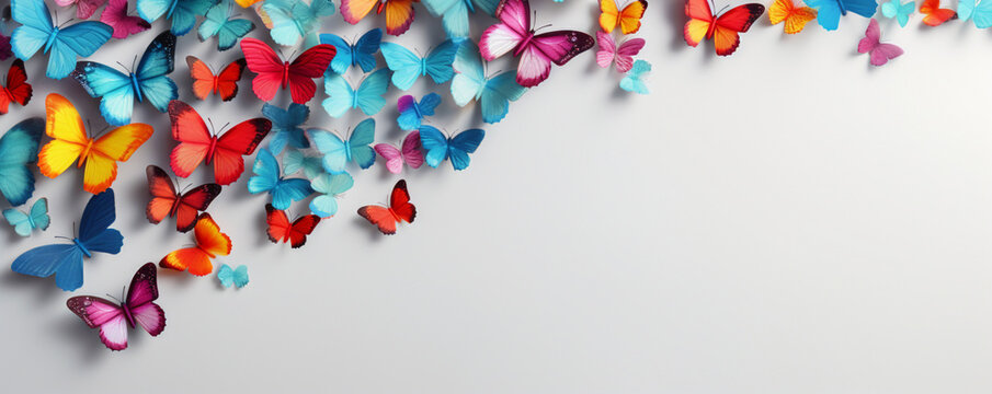 Colorful, light and graceful butterflies, the concept of the holiday of all lovers, copy space, place for text