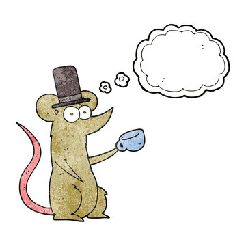 freehand drawn thought bubble textured cartoon mouse with cup and top hat