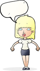 cartoon woman shrugging shoulders with speech bubble