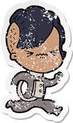 distressed sticker of a cartoon annoyed hipster girl wearing space suit