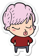 sticker of a cartoon woman with eyes shut