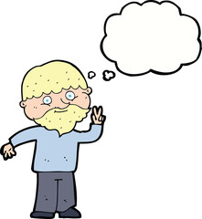 cartoon man giving peace sign with thought bubble