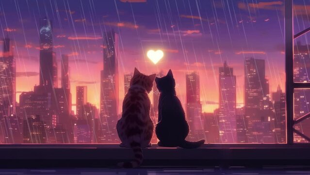 Two cats standing on the balcony in a romantic heart pose in front of the big cyberpunk city view on a rainy night