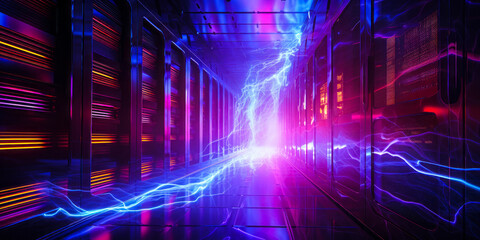 Futuristic data center with dynamic energy streams flowing, showcasing powerful server racks with high-speed data transfer in a digital cyber world