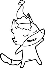friendly hand drawn line drawing of a wolf wearing santa hat