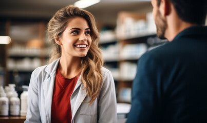 Friendly female pharmacist consulting with a male customer at a modern pharmacy with shelves of products in the background