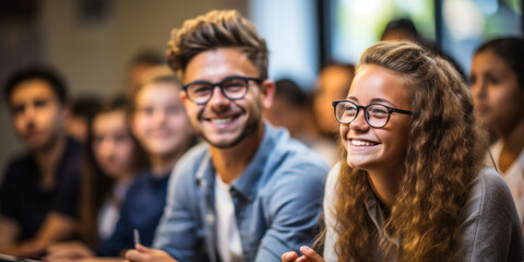 Diverse group of joyful students engaged in learning and enjoying a classroom lecture, with a young woman in glasses smiling brightly - obrazy, fototapety, plakaty