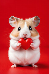 A cute hamster holding a red heart