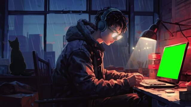 A boy working on a computer with a headphone and listening to music near the window in which sits a cat and relaxing on a rainy night