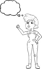 freehand drawn thought bubble cartoon confident farmer woman