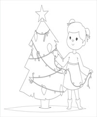 Girl with Christmas tree  colouring book page for kids 