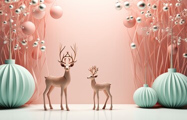 Christmas 3d decorative composition with winter trees and deer