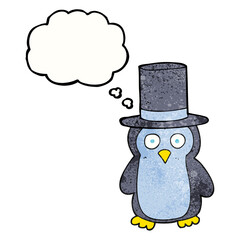 freehand drawn thought bubble textured cartoon penguin wearing hat