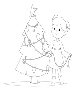 Girl with Christmas tree  colouring book page for kids 