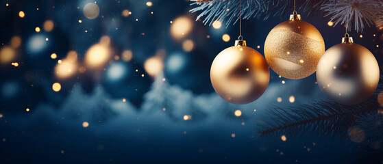 Obraz na płótnie Canvas christmas tree with gold ornaments in blue night