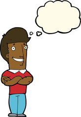 cartoon man with folded arms grinning with thought bubble